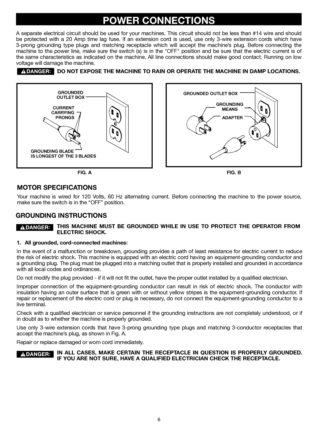 Delta 22-555 Power Connections, Motor Specifications, Grounding Instructions, All grounded, cord-connected machines 